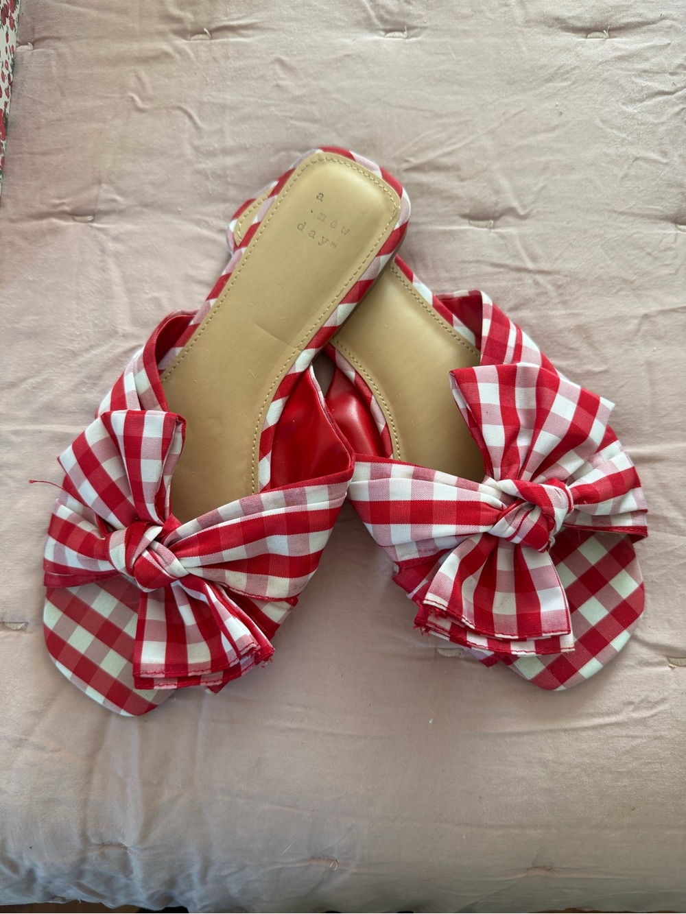a new day Red and White Gingham Bow Slide Sandals